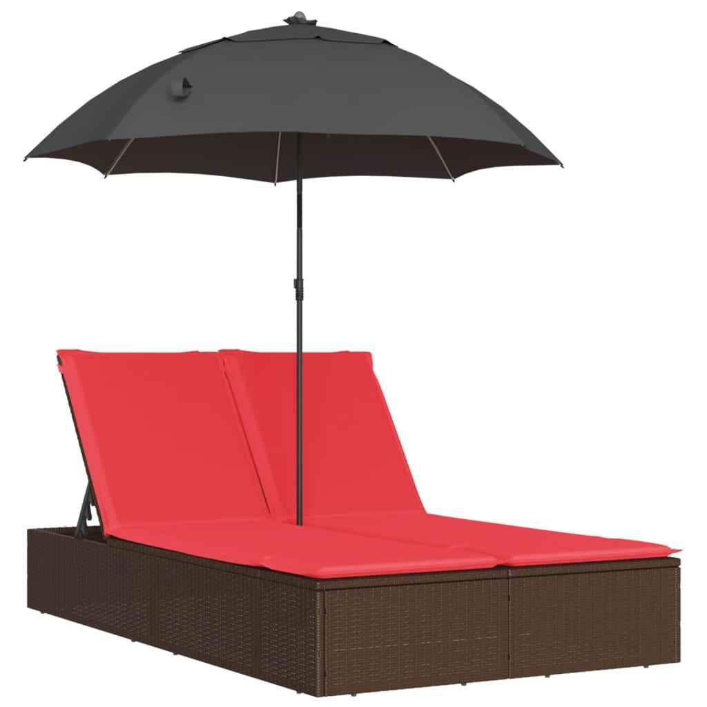vidaXL Ligbed 2-persoons met kussens en parasol poly rattan bruin