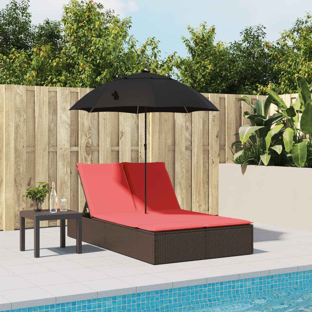 vidaXL Ligbed 2-persoons met kussens en parasol poly rattan bruin