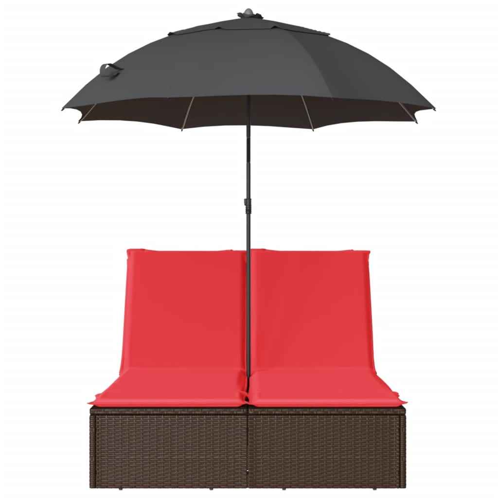 vidaXL Ligbed 2-persoons met kussens en parasol poly rattan bruin