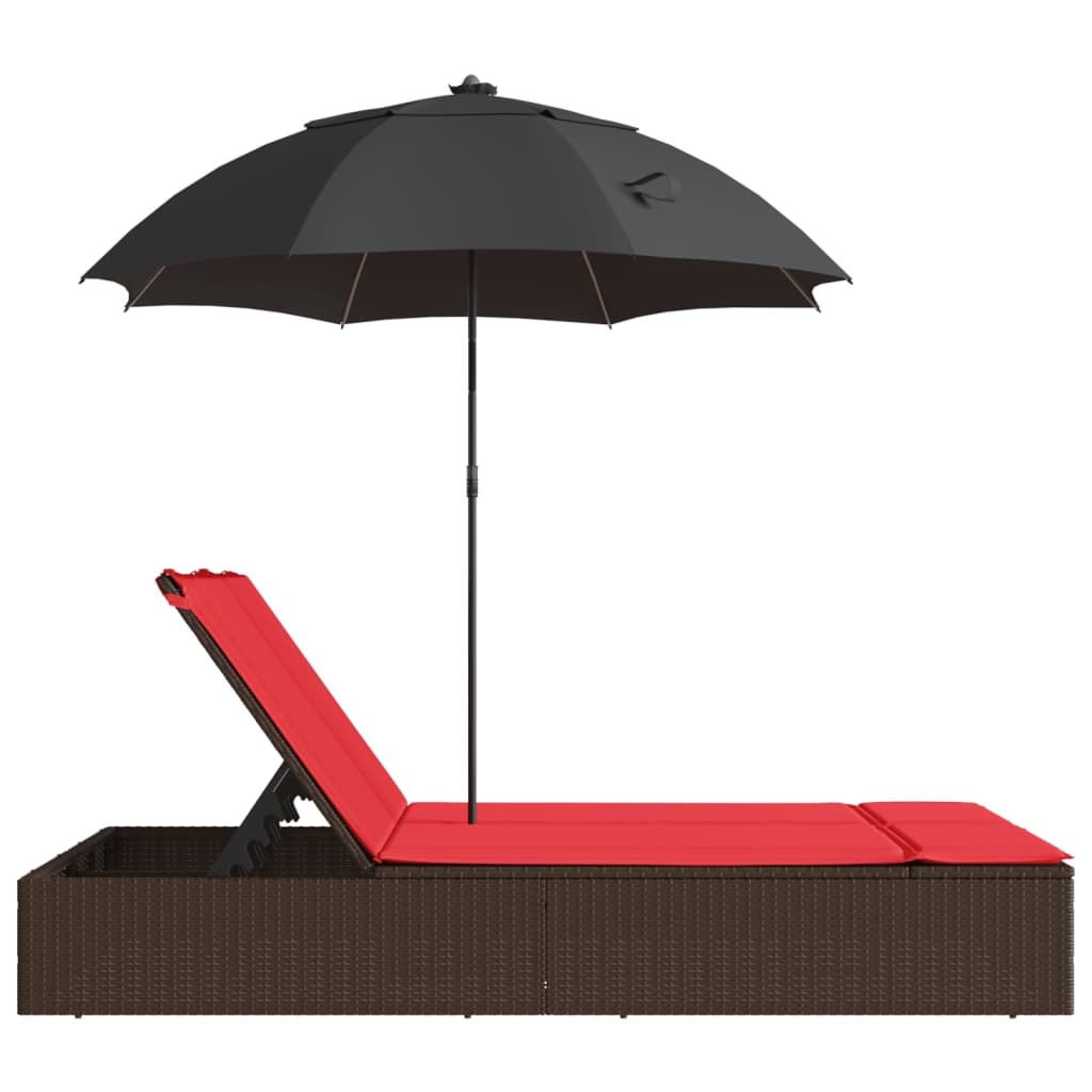 vidaXL Ligbed 2-persoons met kussens en parasol poly rattan bruin