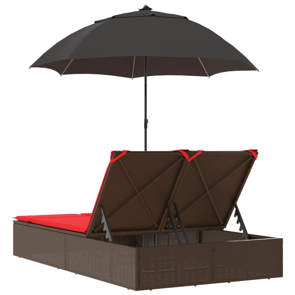vidaXL Ligbed 2-persoons met kussens en parasol poly rattan bruin