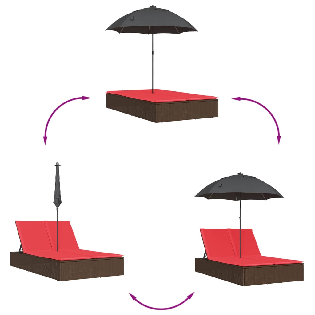 vidaXL Ligbed 2-persoons met kussens en parasol poly rattan bruin