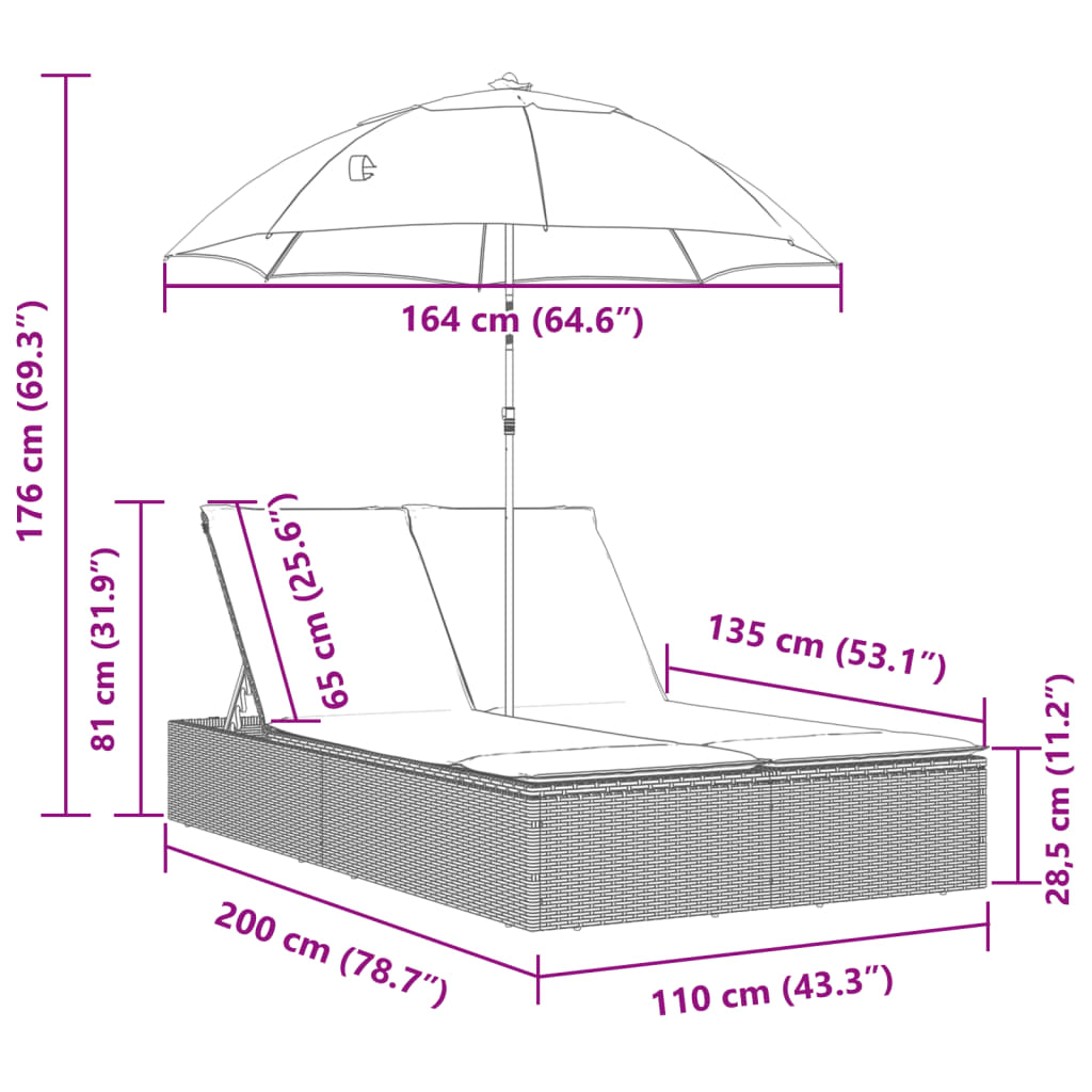 vidaXL Ligbed 2-persoons met kussens en parasol poly rattan bruin