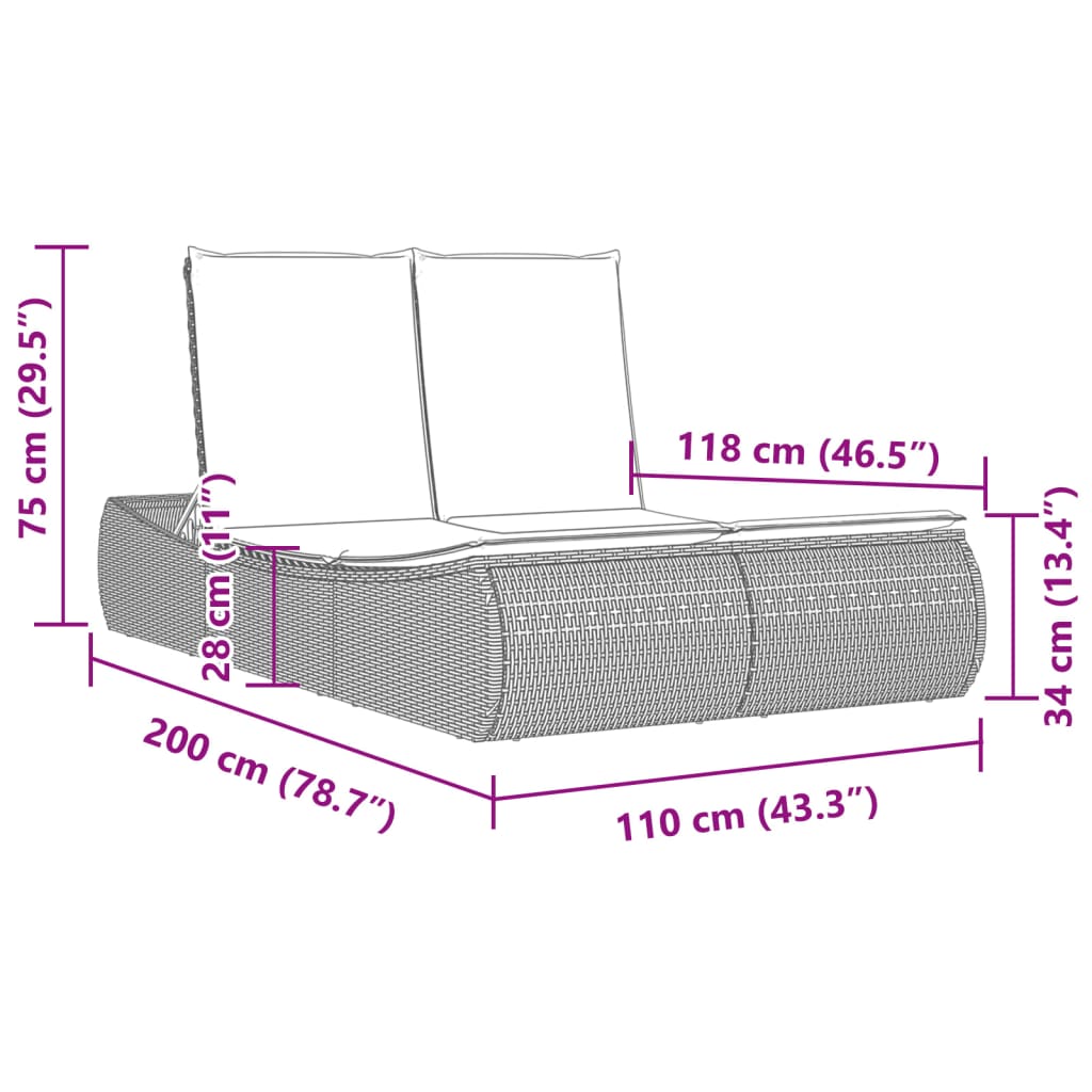 vidaXL Ligbed 2-persoons met kussens poly rattan bruin