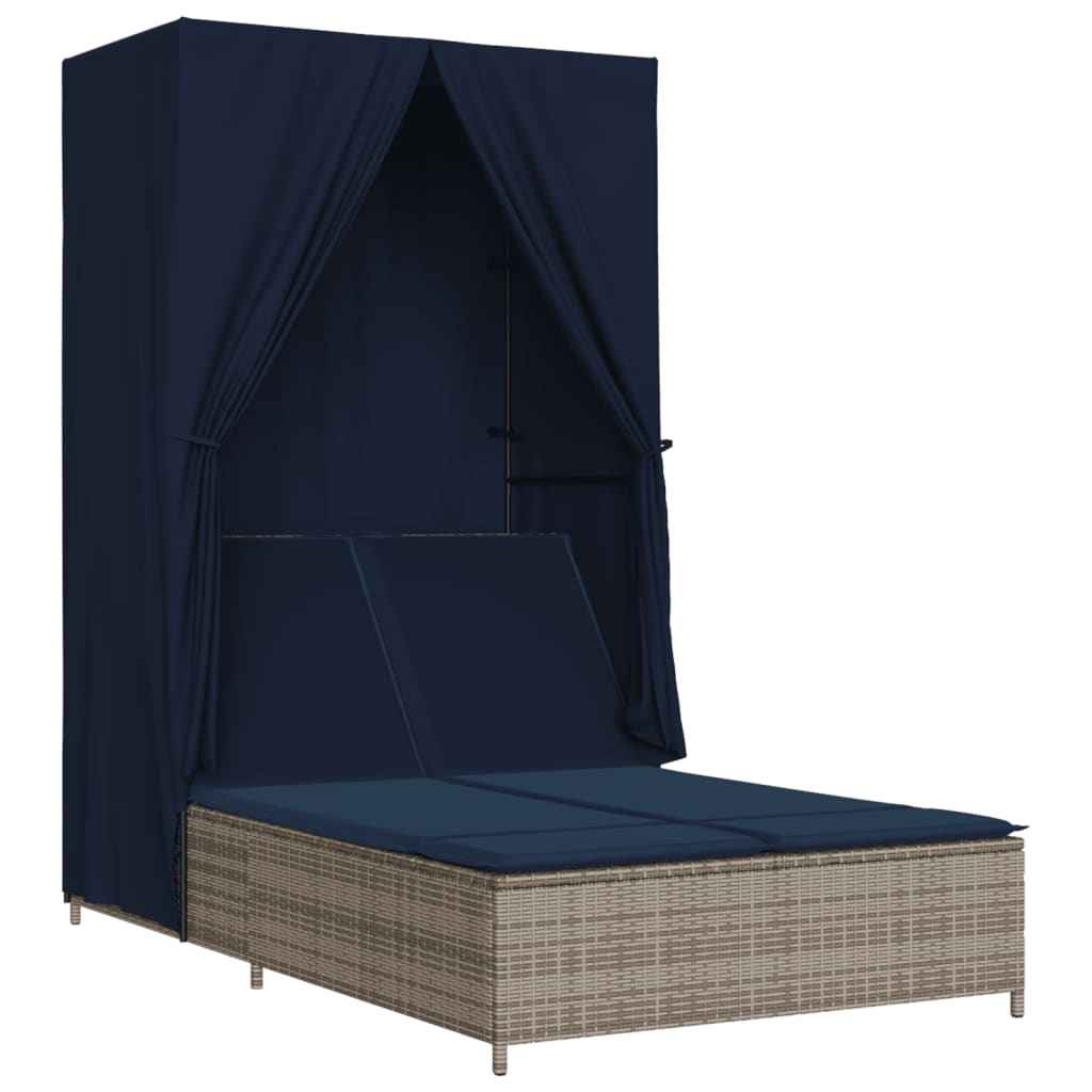 vidaXL Ligbed tweepersoons met dak en gordijn poly rattan grijs