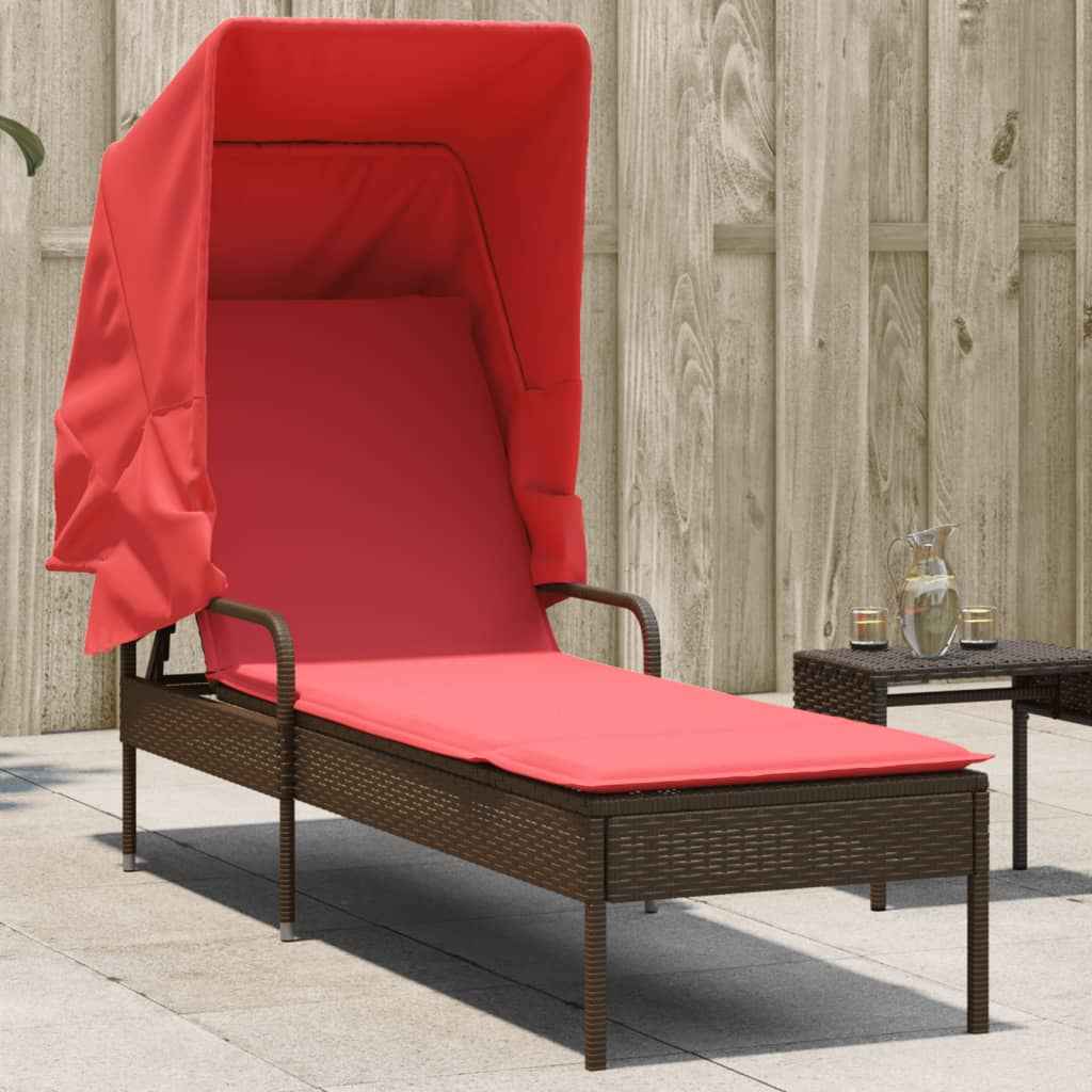 vidaXL Ligstoel met luifel en tafel zwart poly rattan