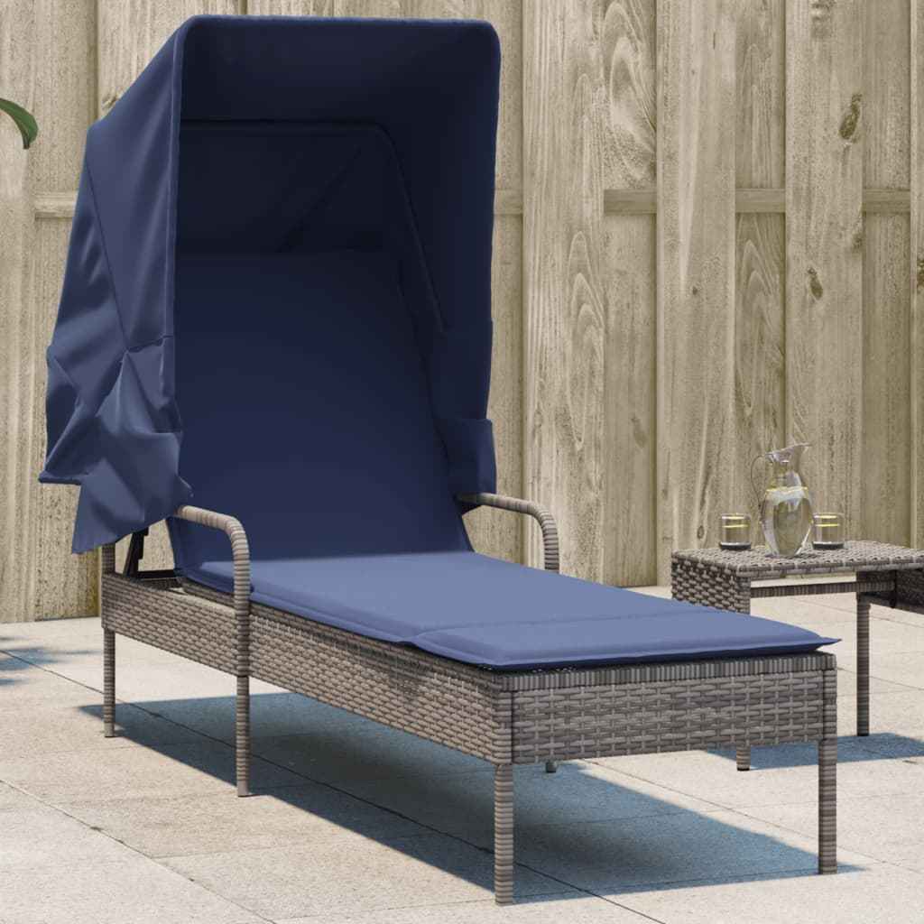 vidaXL Ligstoel met luifel en tafel zwart poly rattan