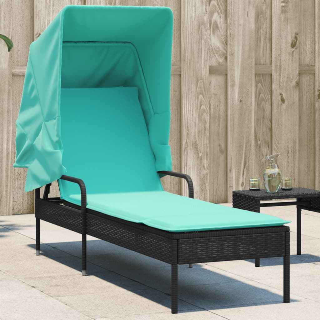 vidaXL Ligstoel met luifel en tafel zwart poly rattan
