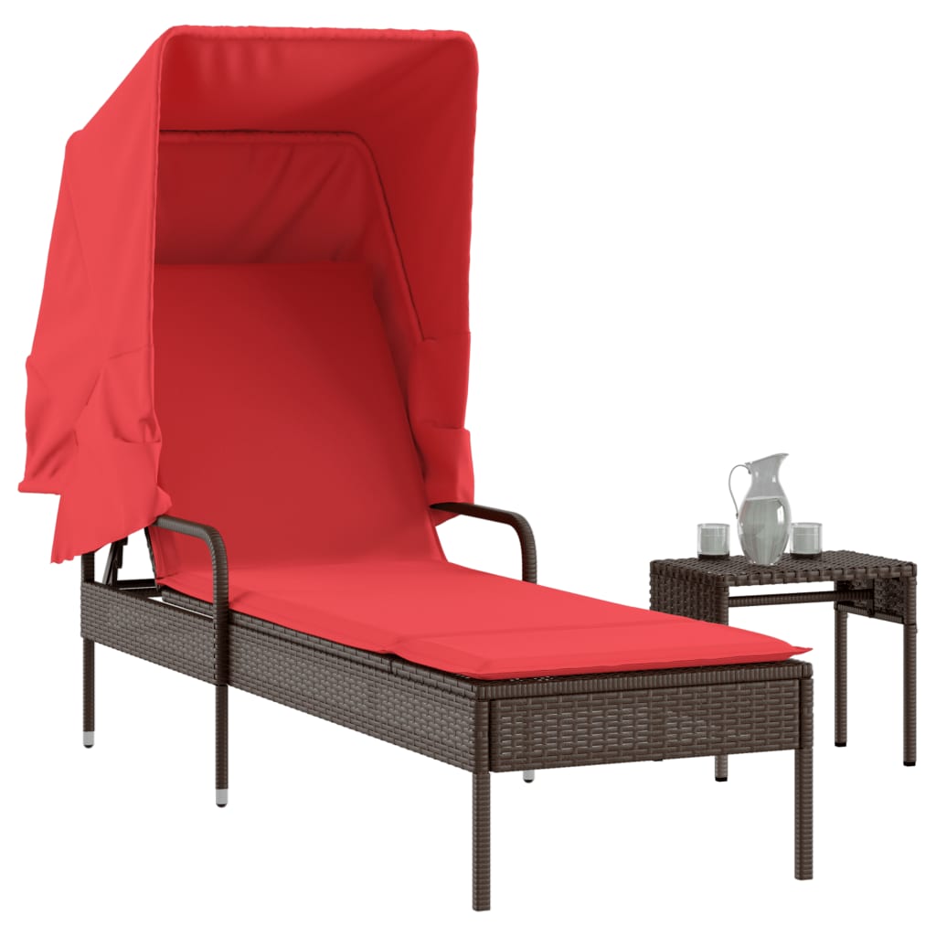 vidaXL Ligstoel met luifel en tafel zwart poly rattan
