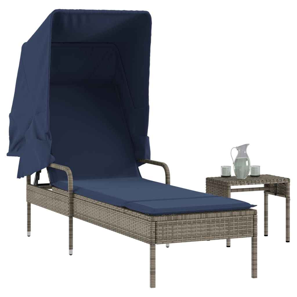 vidaXL Ligstoel met luifel en tafel zwart poly rattan