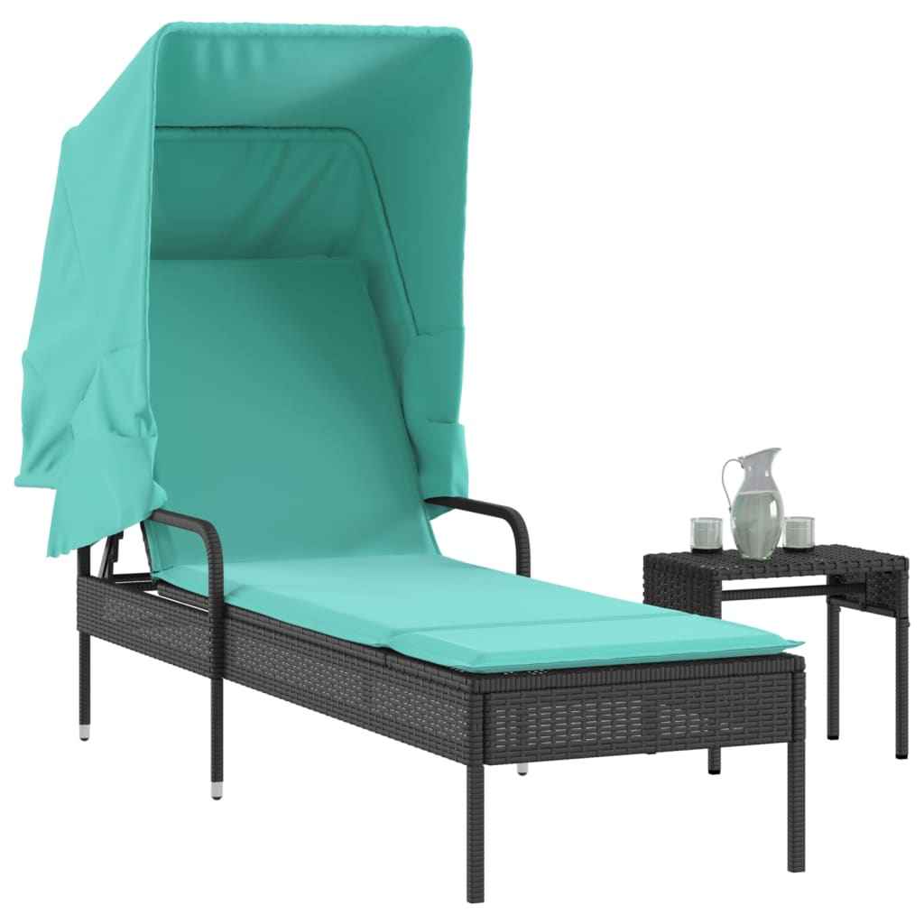 vidaXL Ligstoel met luifel en tafel zwart poly rattan