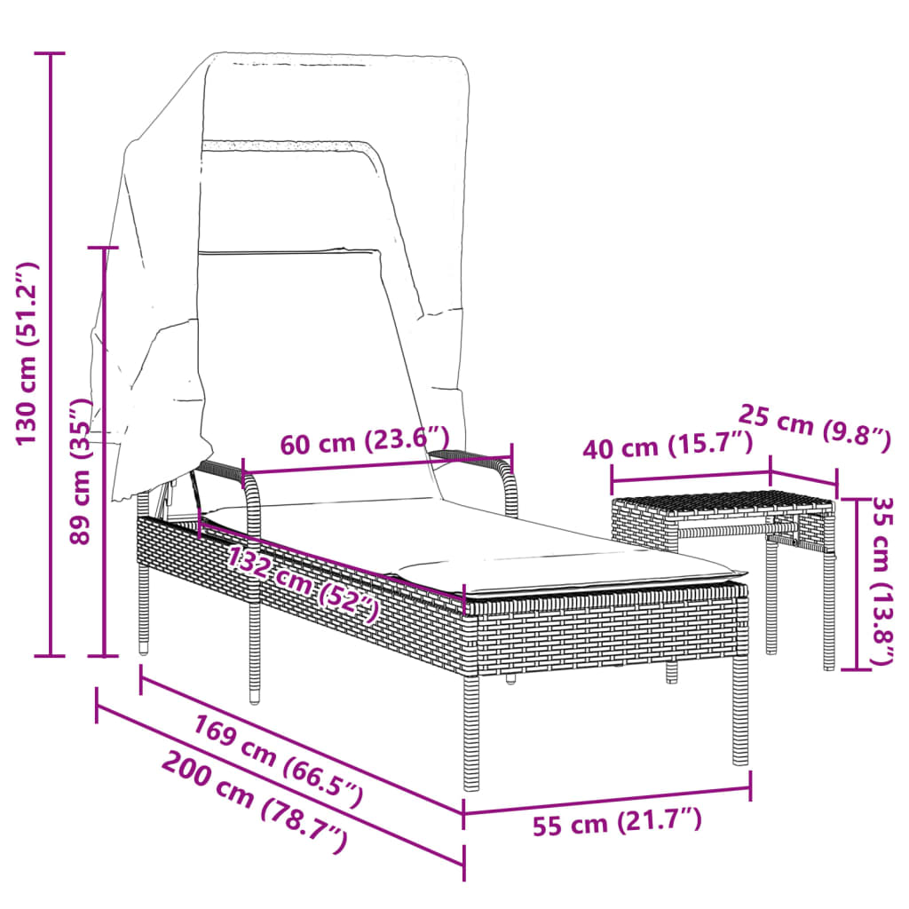vidaXL Ligstoel met luifel en tafel zwart poly rattan