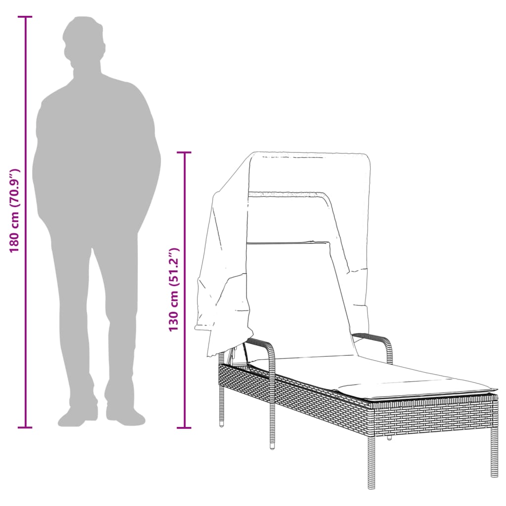 vidaXL Ligstoel met luifel en tafel zwart poly rattan