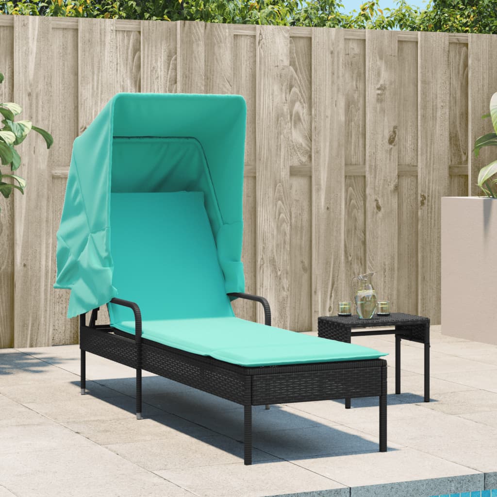 vidaXL Ligstoel met luifel en tafel zwart poly rattan