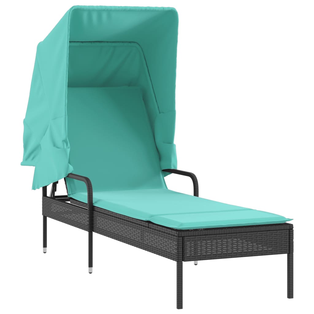 vidaXL Ligstoel met luifel en tafel zwart poly rattan