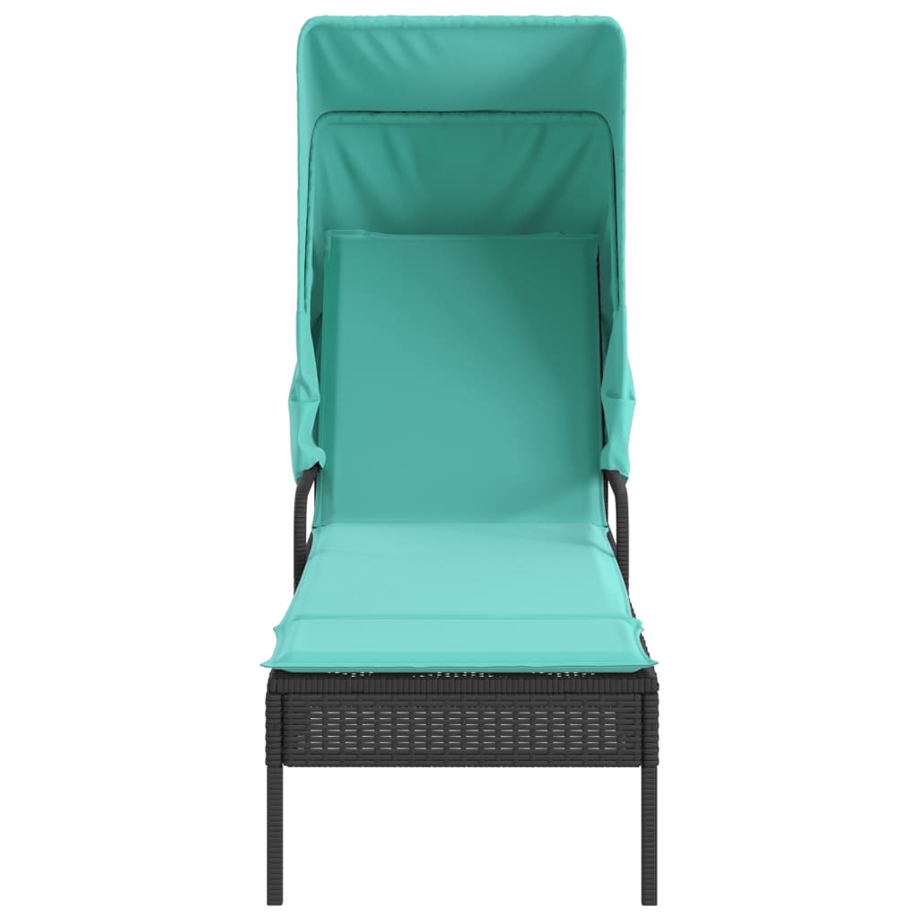 vidaXL Ligstoel met luifel en tafel zwart poly rattan