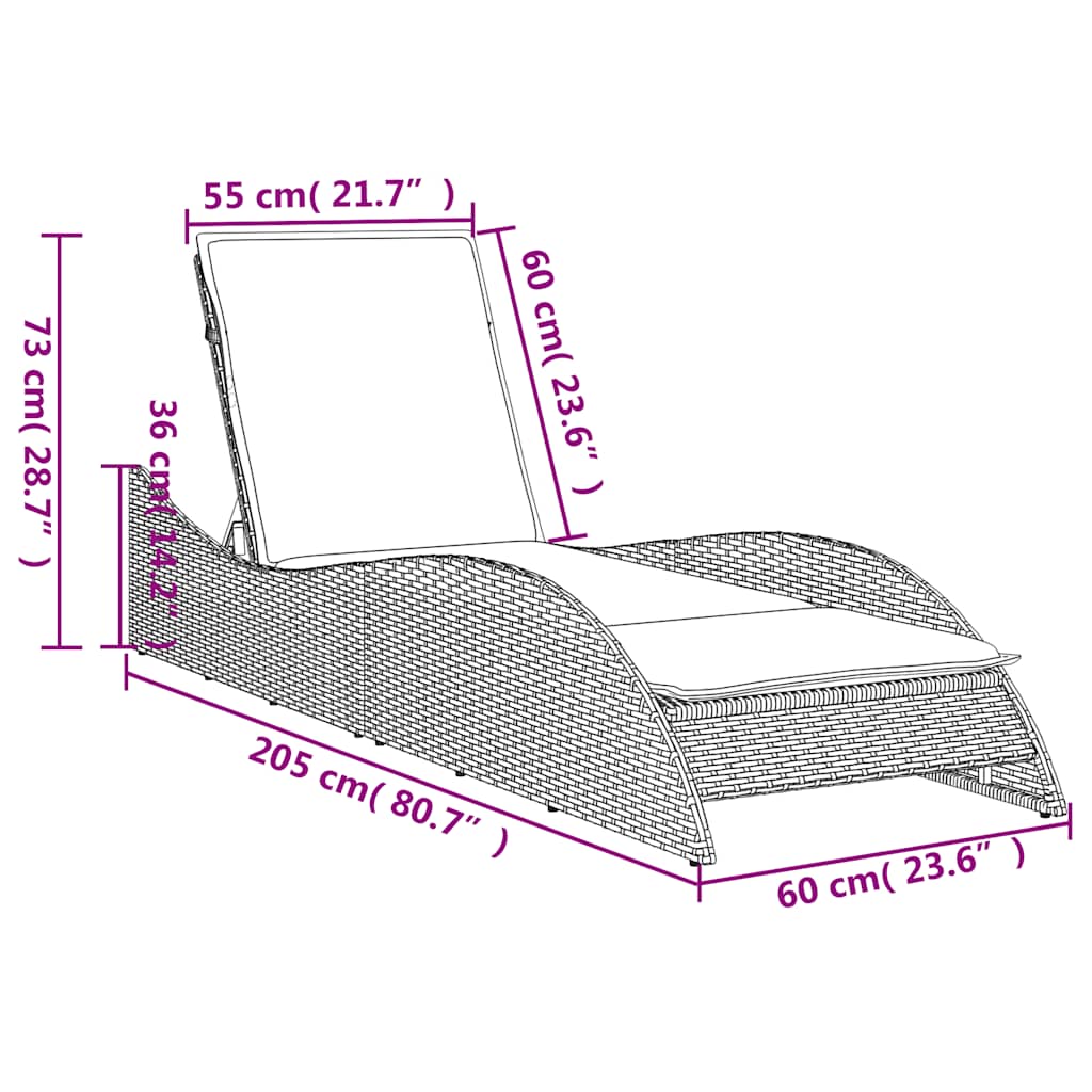 vidaXL Ligbed met kussen grijs 60x205x73 cm poly rattan