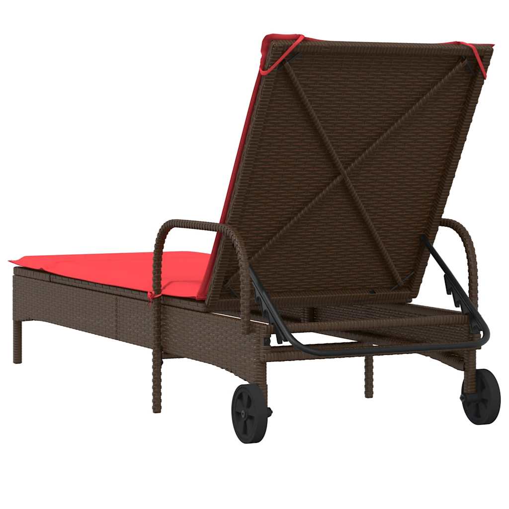 vidaXL Ligstoel met wielen en kussen, bruin polyrotan