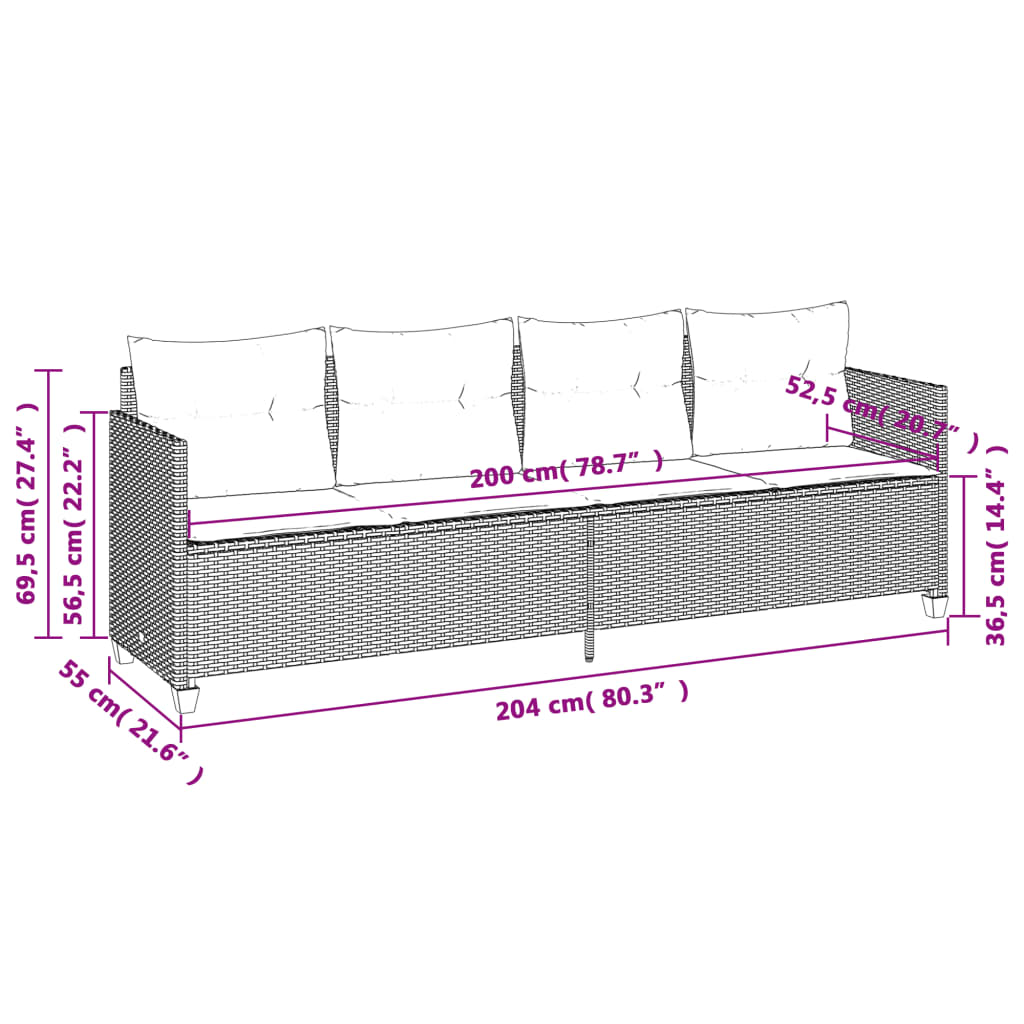 vidaXL Ligbed met kussens poly rattan bruin