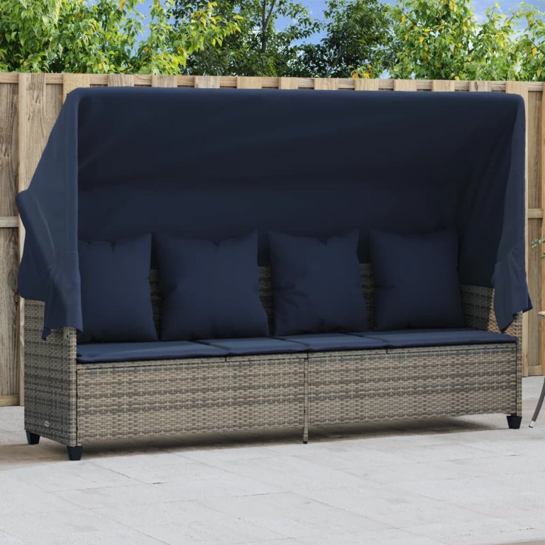 vidaXL Ligbed met luifel en kussens poly rattan grijs - Aashly