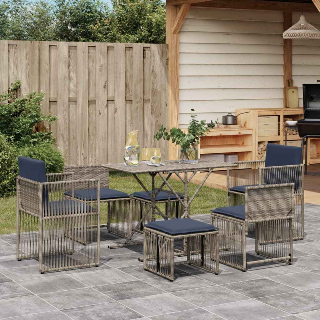 vidaXL 7-delige tuineetset met kussens grijs poly rattan