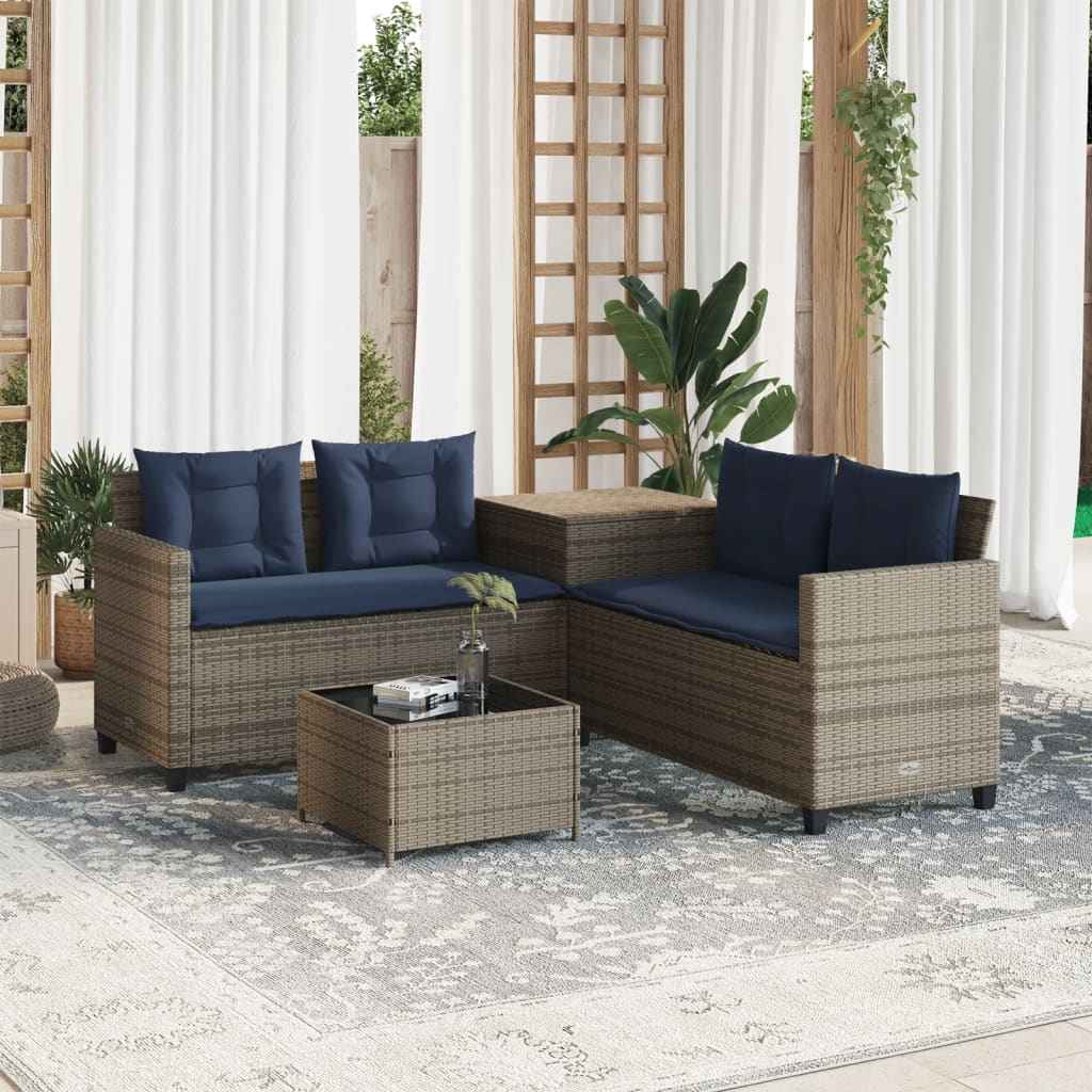 vidaXL Tuinbank met tafel en kussens L-vormig grijs poly rattan
