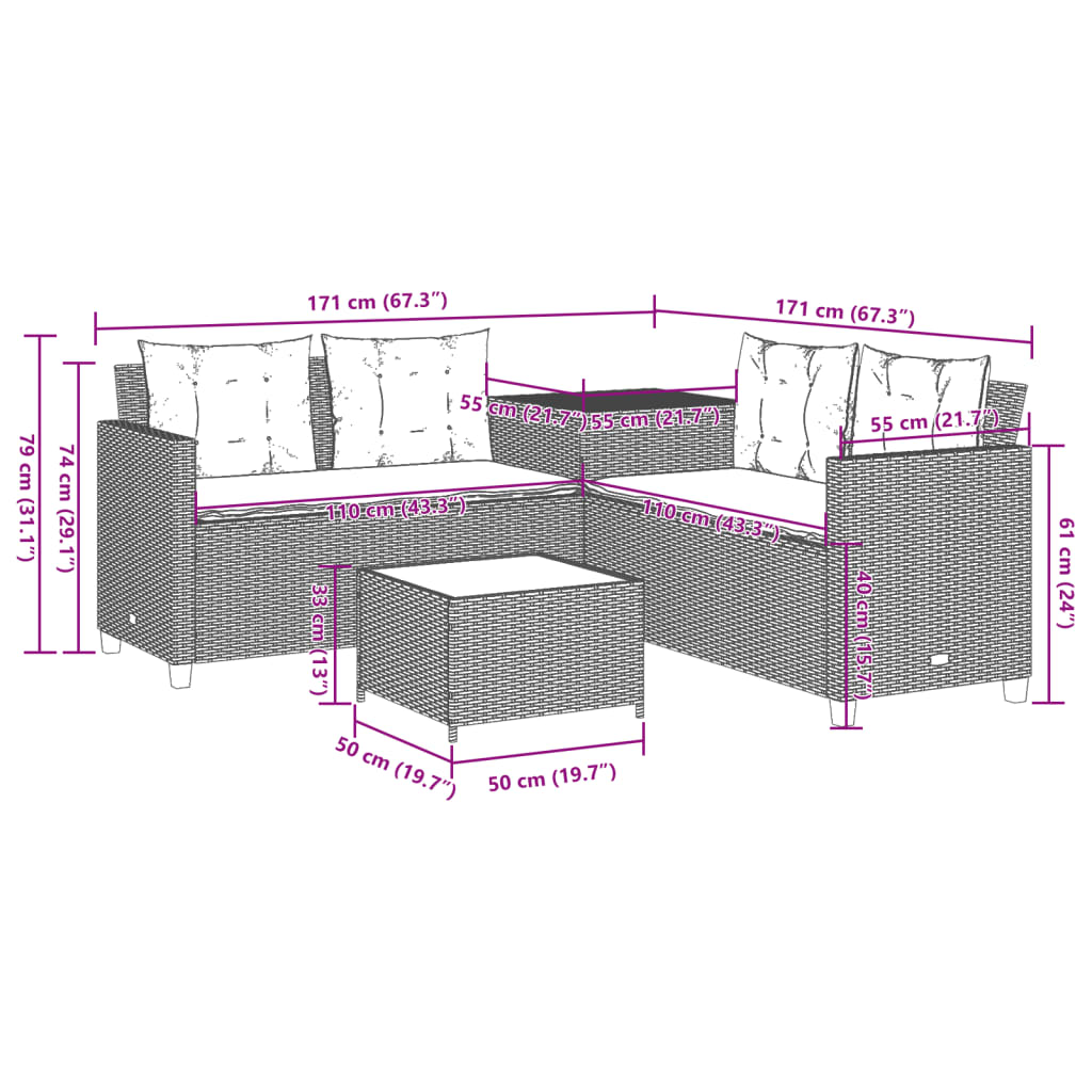 vidaXL Tuinbank met tafel en kussens L-vormig grijs poly rattan
