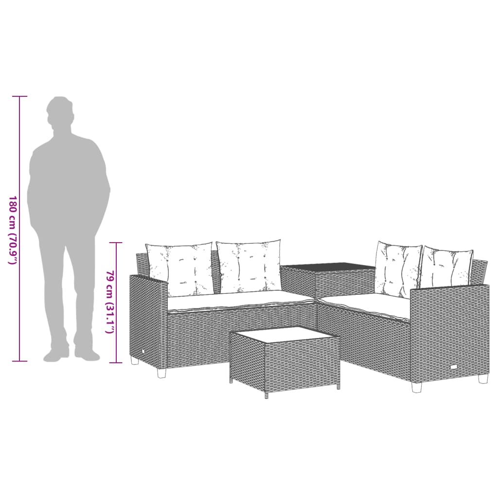 vidaXL Tuinbank met tafel en kussens L-vormig grijs poly rattan