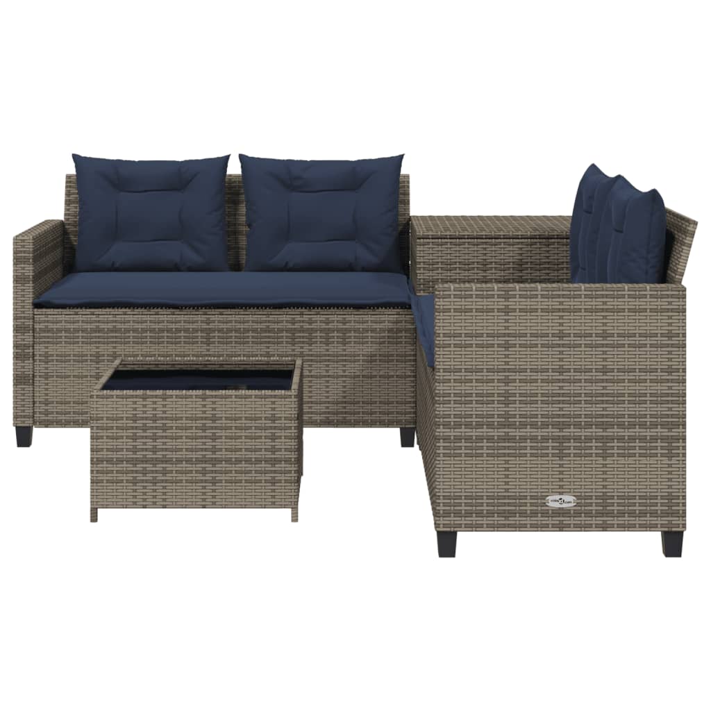 vidaXL Tuinbank met tafel en kussens L-vormig grijs poly rattan