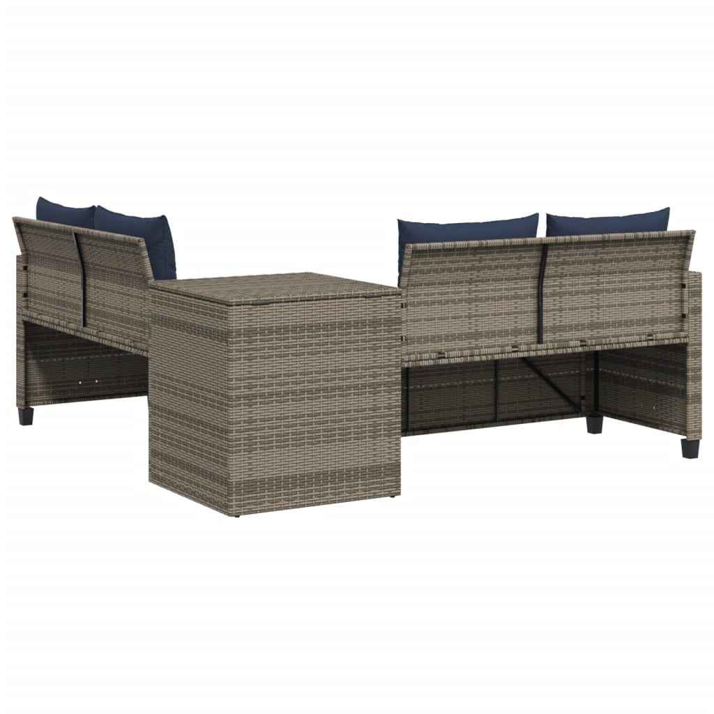 vidaXL Tuinbank met tafel en kussens L-vormig grijs poly rattan