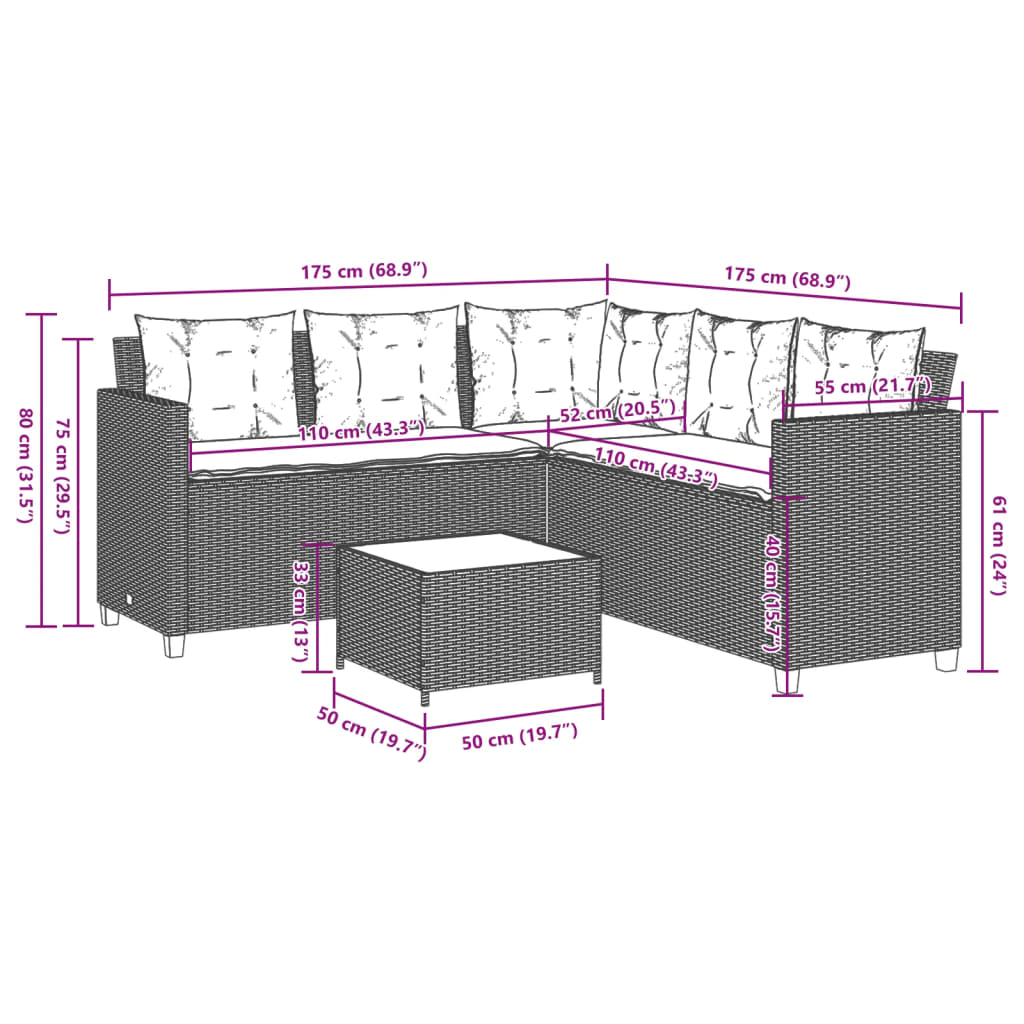 vidaXL Tuinbank met tafel en kussens L-vormig grijs poly rattan