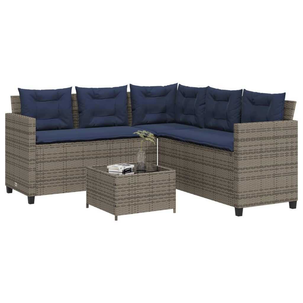 vidaXL Tuinbank met tafel en kussens L-vormig grijs poly rattan