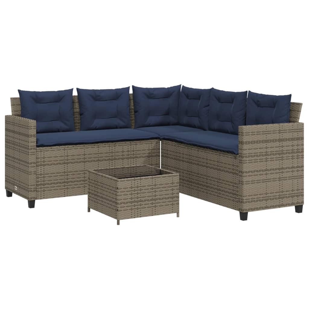 vidaXL Tuinbank met tafel en kussens L-vormig grijs poly rattan