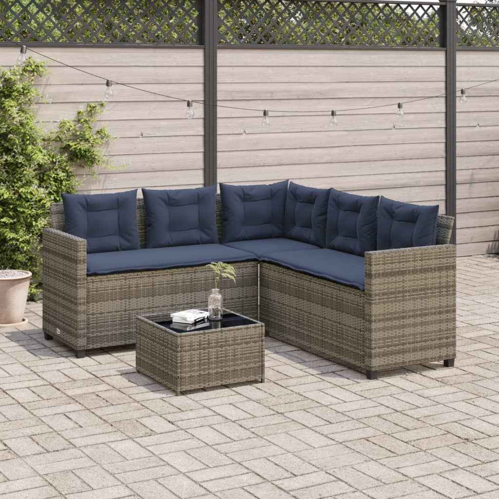 vidaXL Tuinbank met tafel en kussens L-vormig grijs poly rattan