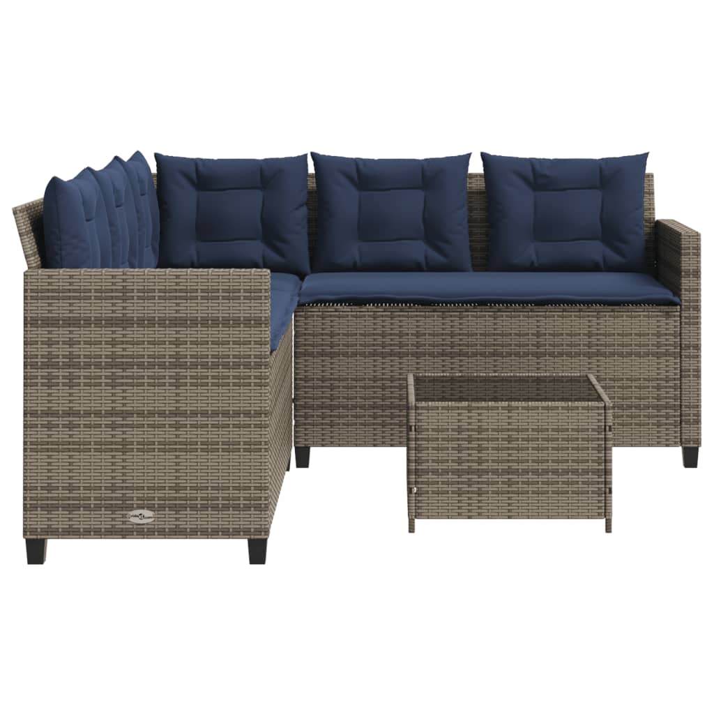 vidaXL Tuinbank met tafel en kussens L-vormig grijs poly rattan