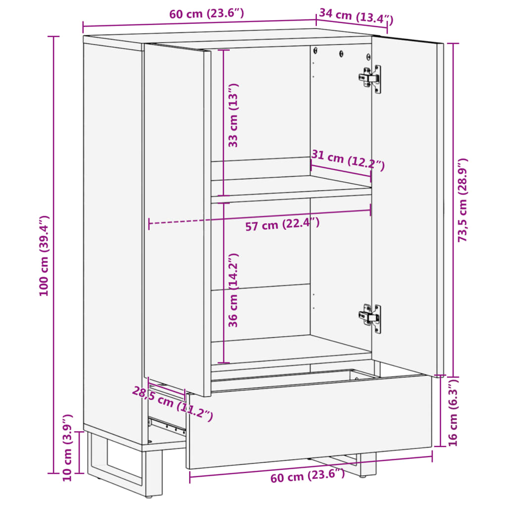 vidaXL Hoge kast 60x34x100 cm massief ruw mangohout