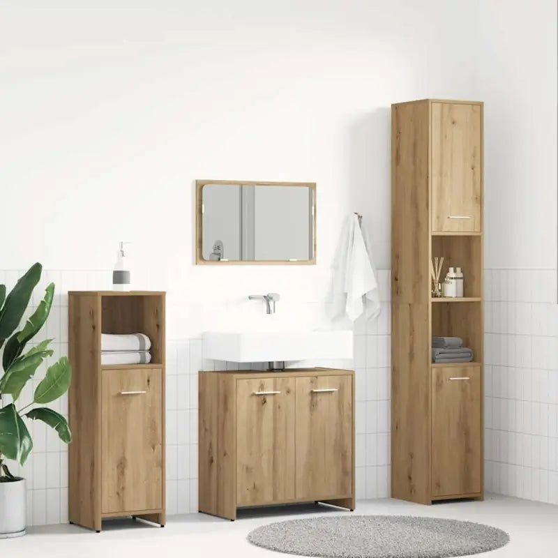 4-delige badkamermeubelset met hoge kast en lage kast van bewerkt hout - artisanaal eikenkleurig - Badkamermeubelsets