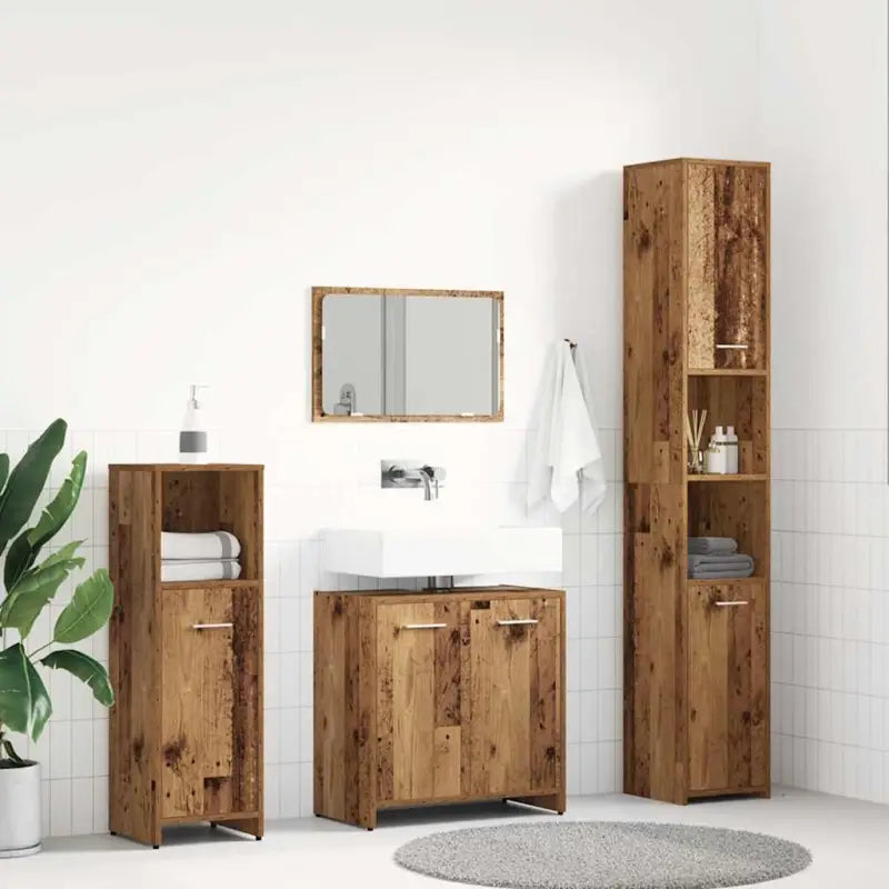 4-delige badkamermeubelset met hoge kast en lage kast van bewerkt hout - Oud hout - Badkamermeubelsets