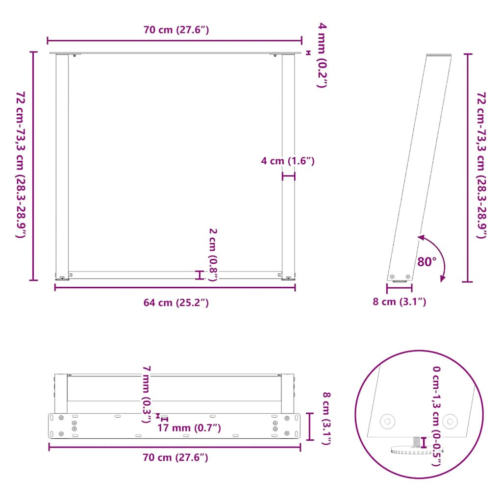 vidaXL Eettafelpoten 2 st U-vormig 80x(72-73) cm staal zwart - Aashly