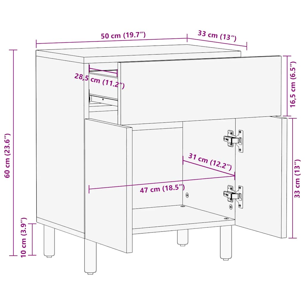 vidaXL Bedside Table 50x33x60 cm Solid Mango Wood Brown