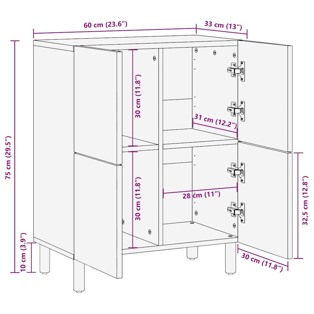 vidaXL Dressoir 60x33x75 cm massief mangohout bruin