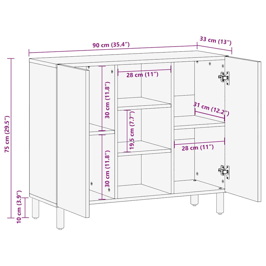 vidaXL Dressoir 90x33x75 cm massief mangohout bruin - Aashly