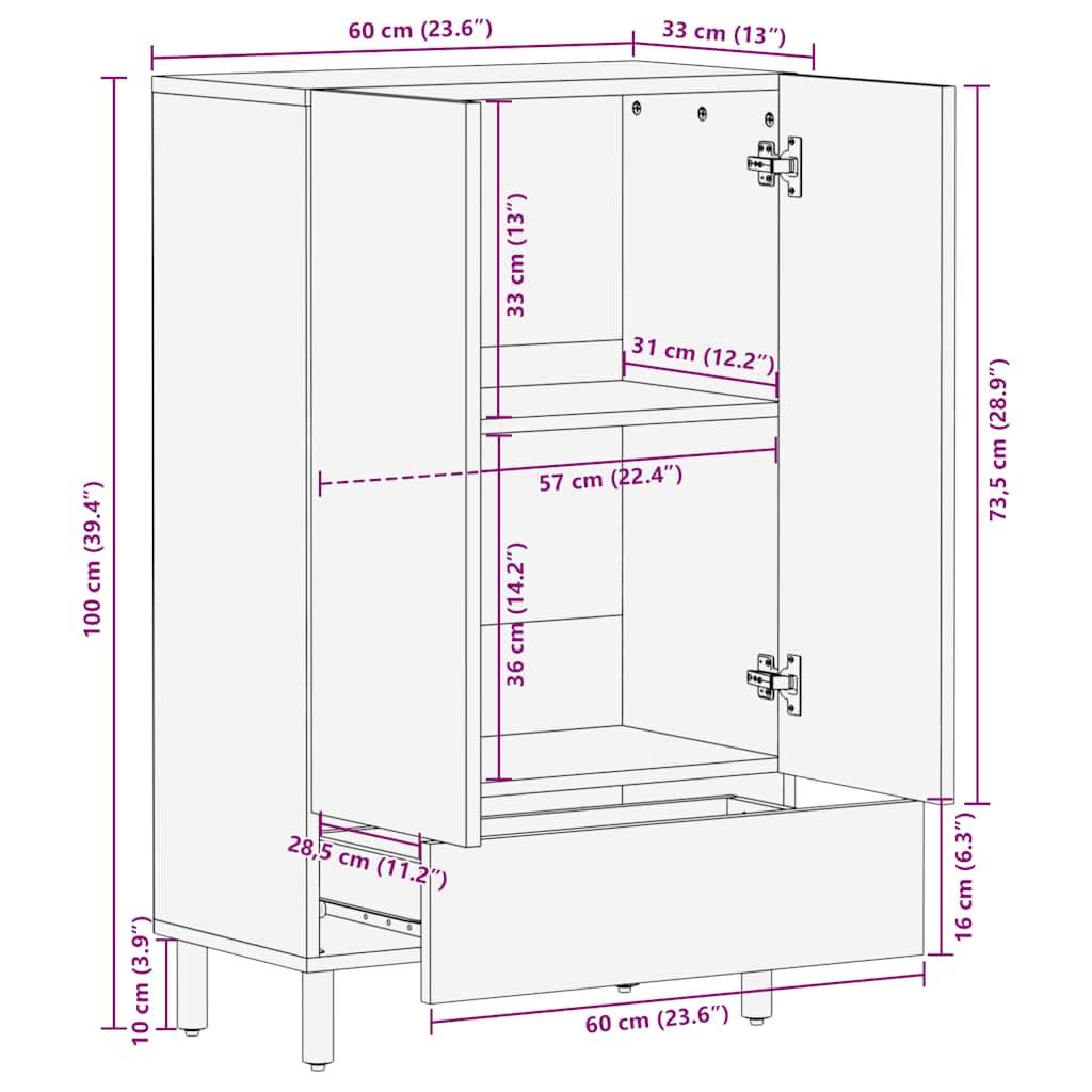 vidaXL Hoge kast 60x33x100 cm massief mango bruin
