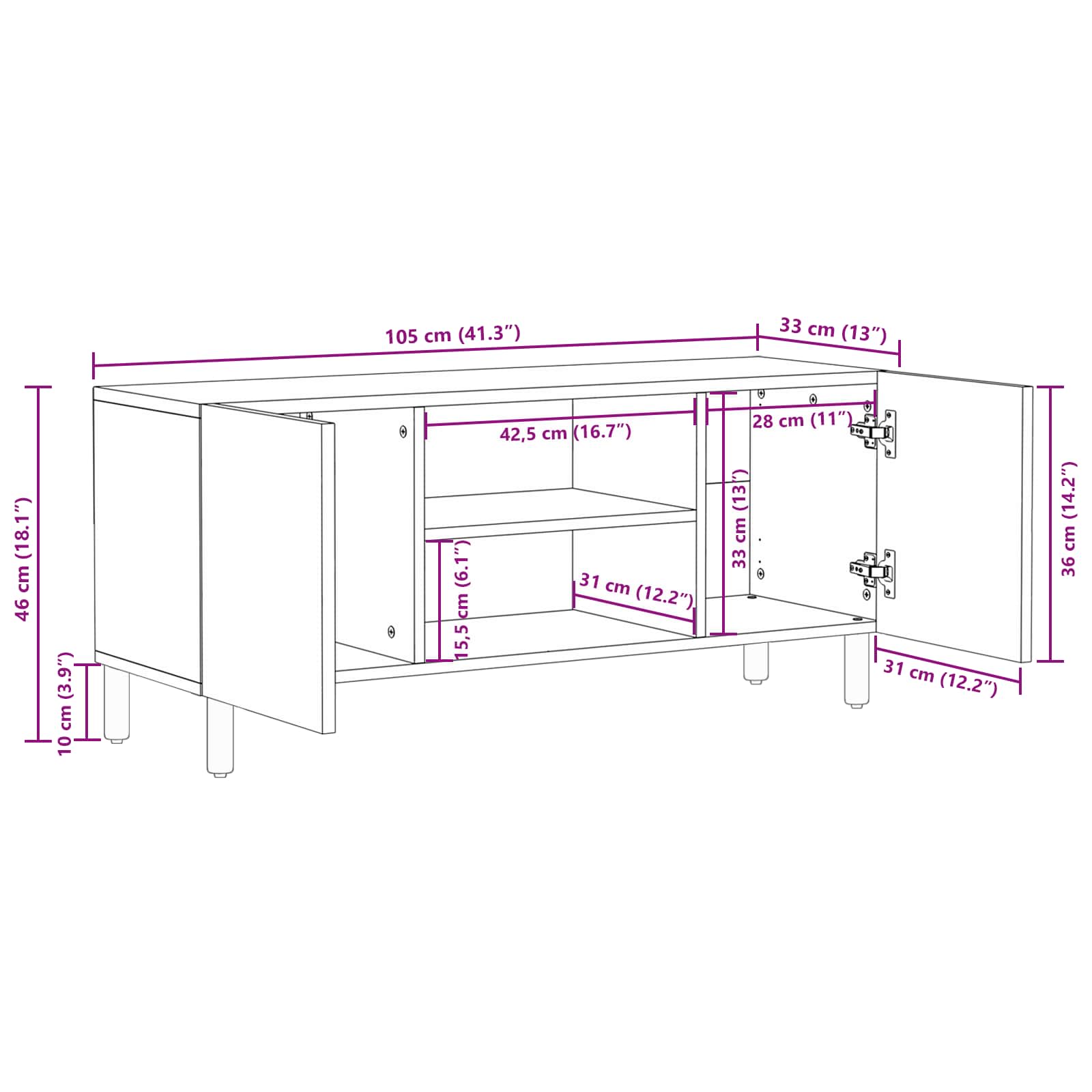 vidaXL TV-kast met plank Witte Was Afwerking 105 x 33,5 x 46 cm