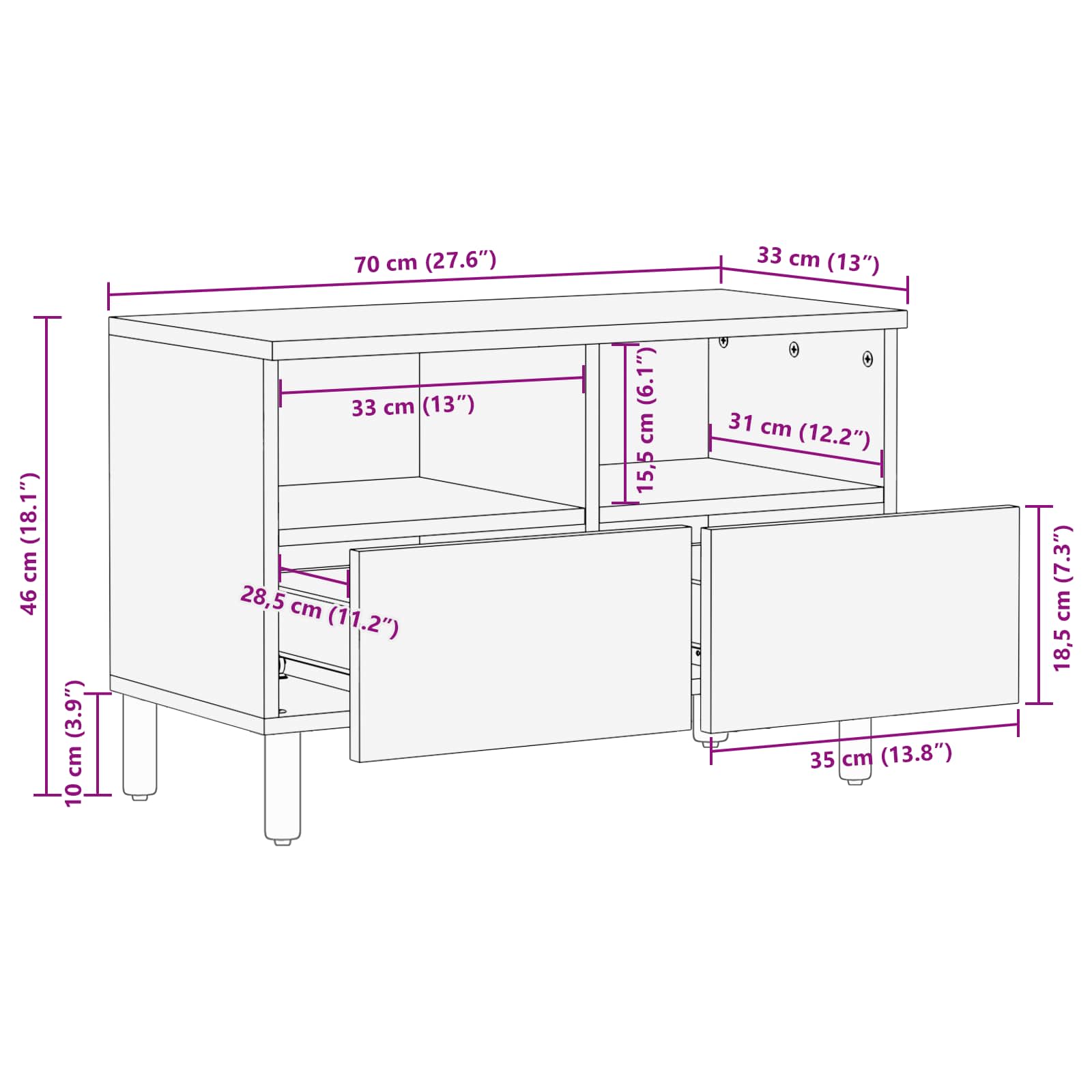 vidaXL TV-kast met lade Witte Was Afwerking 70 x 33,5 x 46 cm