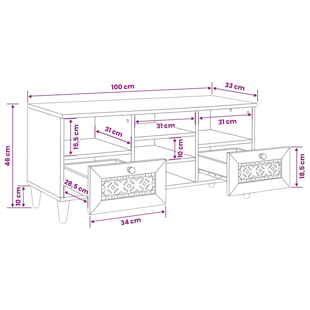 vidaXL TV-kast met lade Lichtbruin 100 x 33 x 46 cm massief mangohout