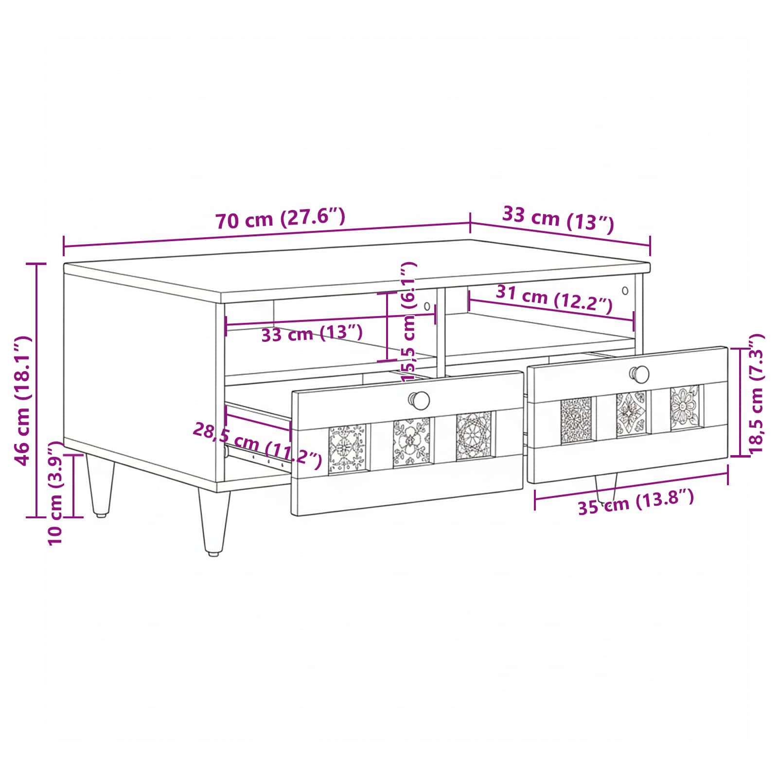 vidaXL TV-kast Walnotenhout 70 x 33,5 x 46 cm Massief Mango Hout