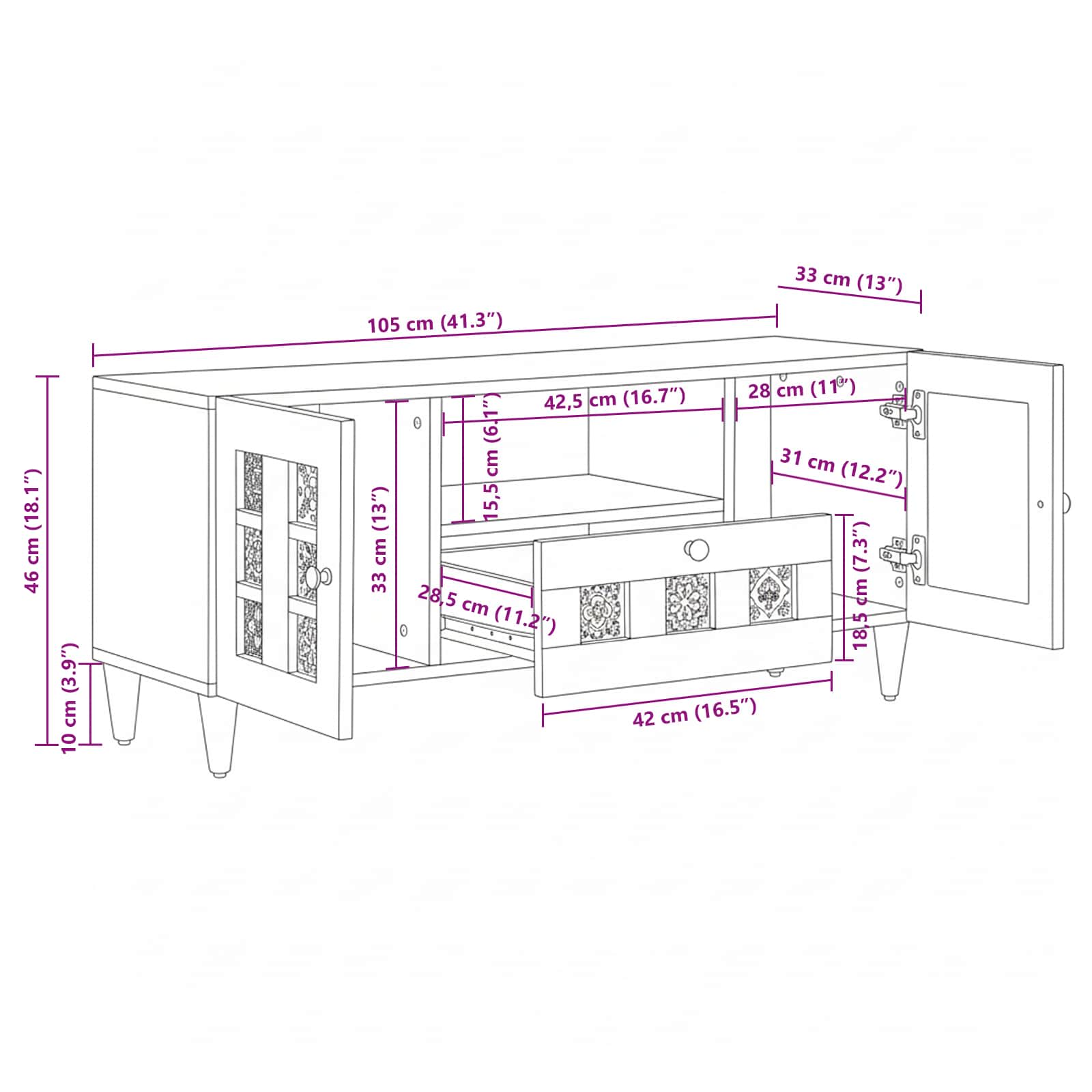vidaXL TV-kast Walnotenhout 105 x 33,5 x 46 cm Massief Mango Hout