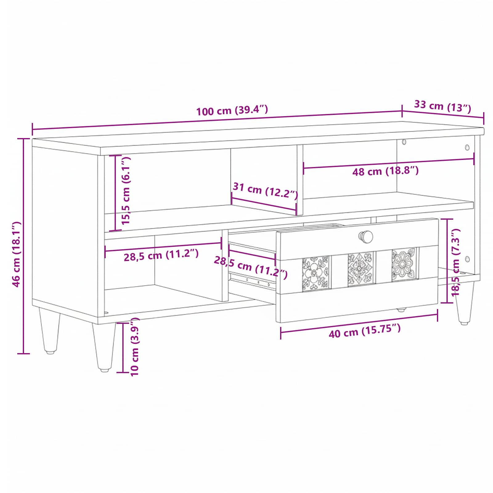 vidaXL TV-kast Walnotenhout 100 x 33,5 x 46 cm Massief Mango Hout