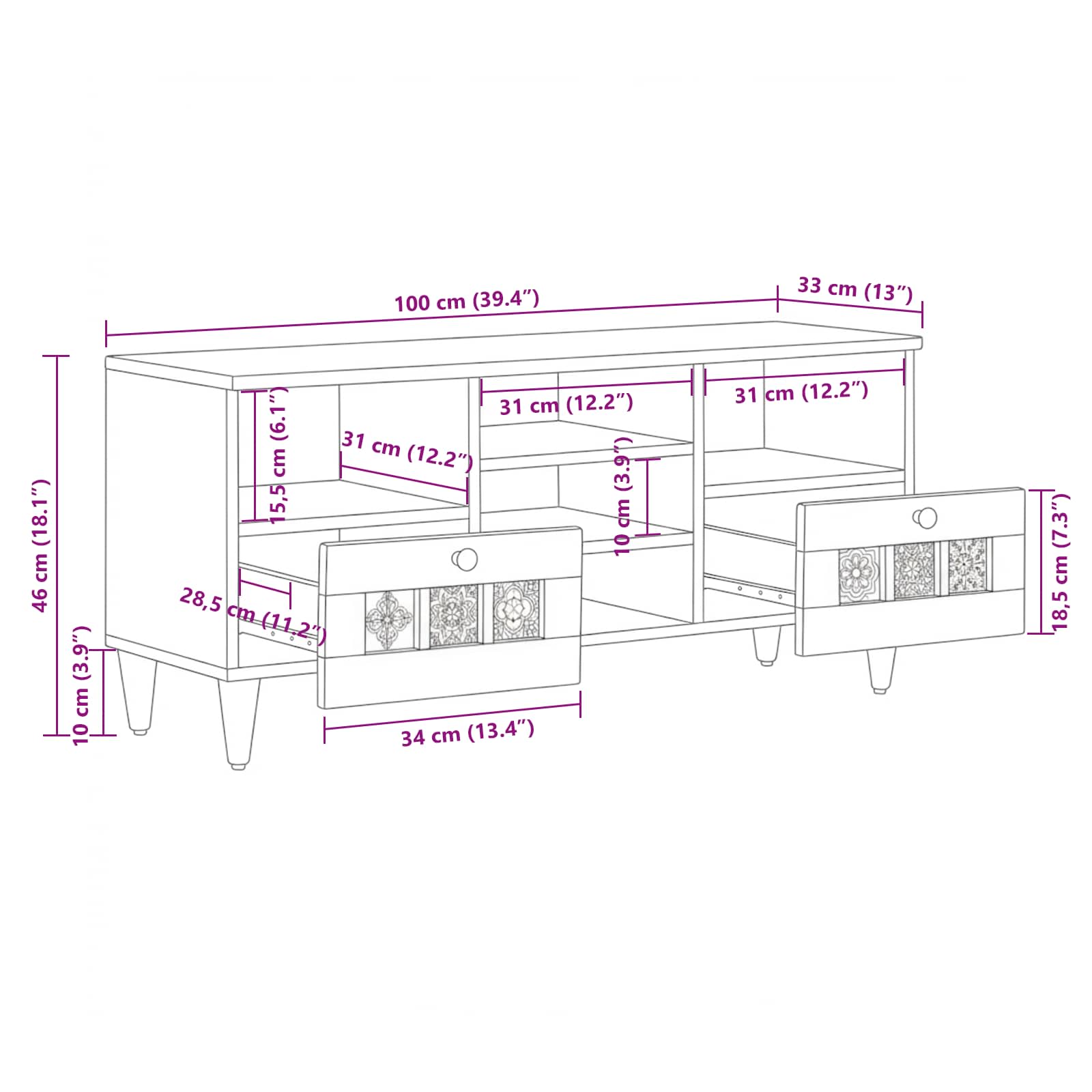 vidaXL TV-kast Walnotenhout 100 x 33,5 x 46 cm Massief Mango Hout